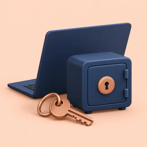 Un coffre bleu et une clé devant un ordinateur.