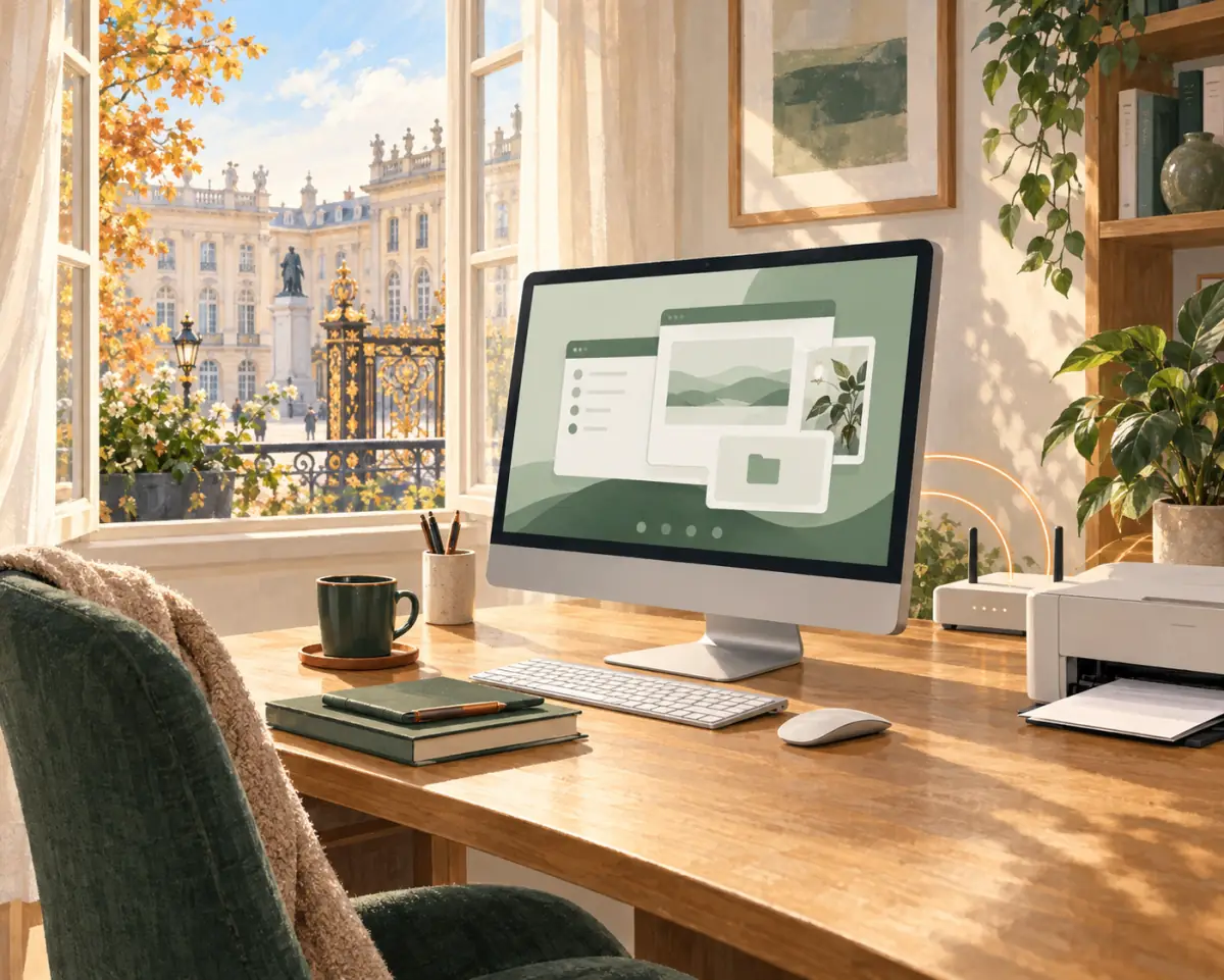 Illustration d’un ordinateur et d’une imprimante dans un intérieur nancéien, avec une vue sur la place Stanislas.